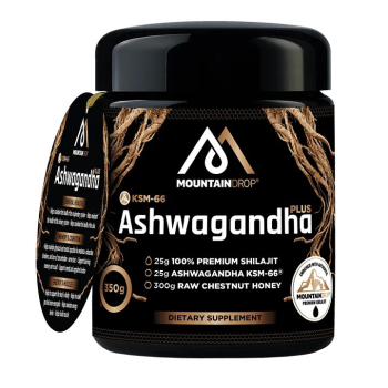 MountainDrop, Shilajit 25g Blend with Ashwagandha & Raw Chestnut Honey, 350g / Άλειμμα από Ακατέργαστο Μέλι Καστανιάς με Ασβαγκάντα & 25γρ Shilajit, 325γρ