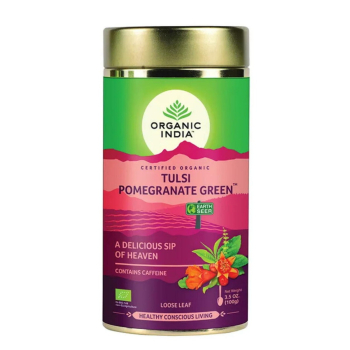 Organic India, BIO Tulsi Pomegranate Green Loose leaf 100g Tin / Πράσινο Τσάι Ρόδι με Τούλσι, Χύμα, Με Καφεΐνη, 100γρ